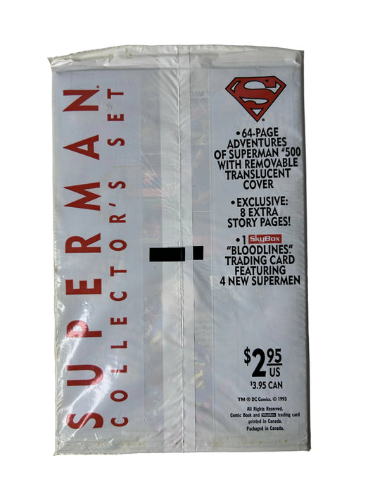 Adventures of Superman #500 - DC Comics 1993, Collector's Set — Sealed Polybag, Translucent Cover, SkyBox Bloodlines Trading Card (Single Issue)