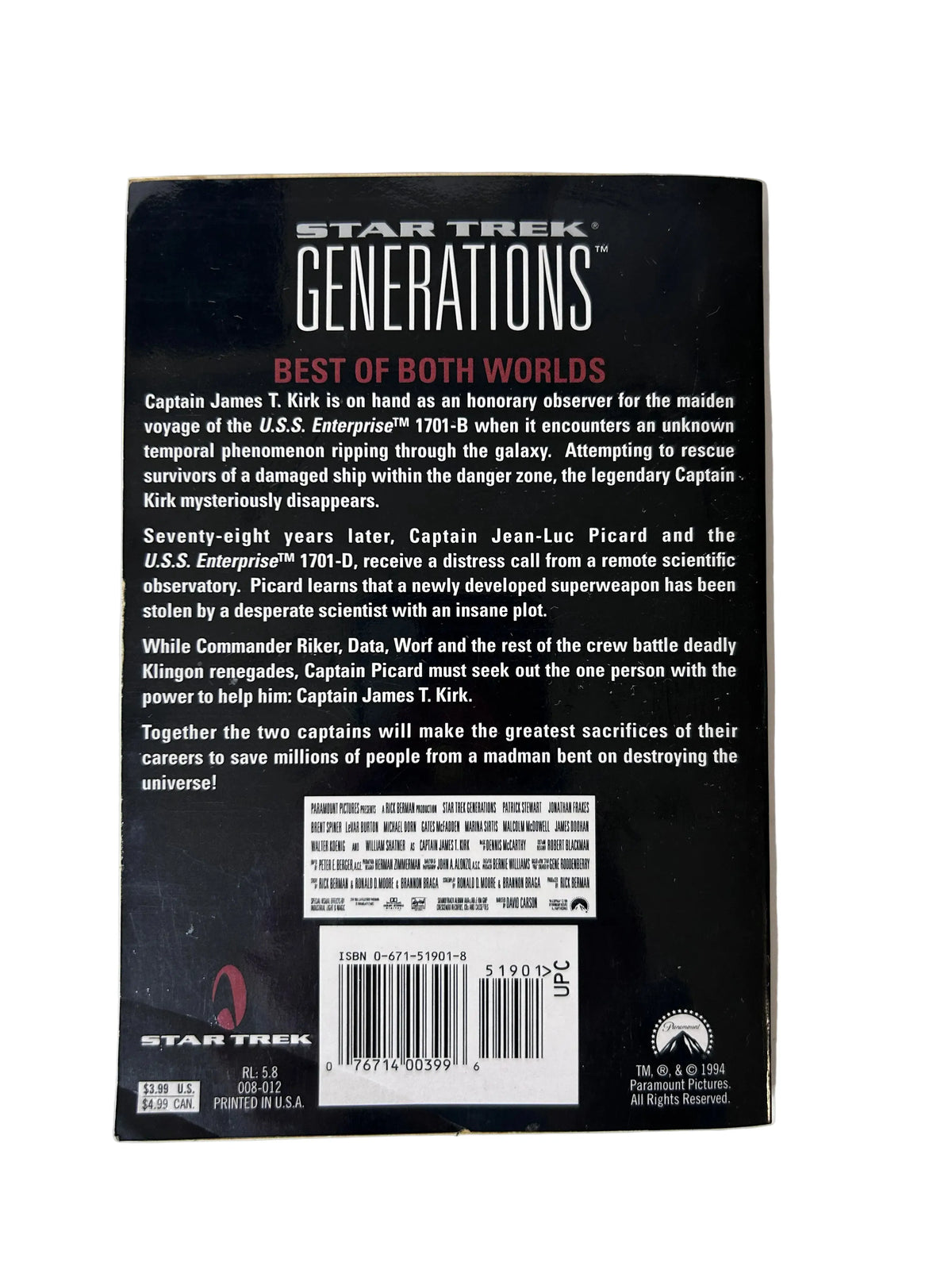 Star Trek Generations — Paperback Novelization | John Vornholt / Pocket Books (1994) | Patrick Stewart / William Shatner | 8 Pages Color Photos