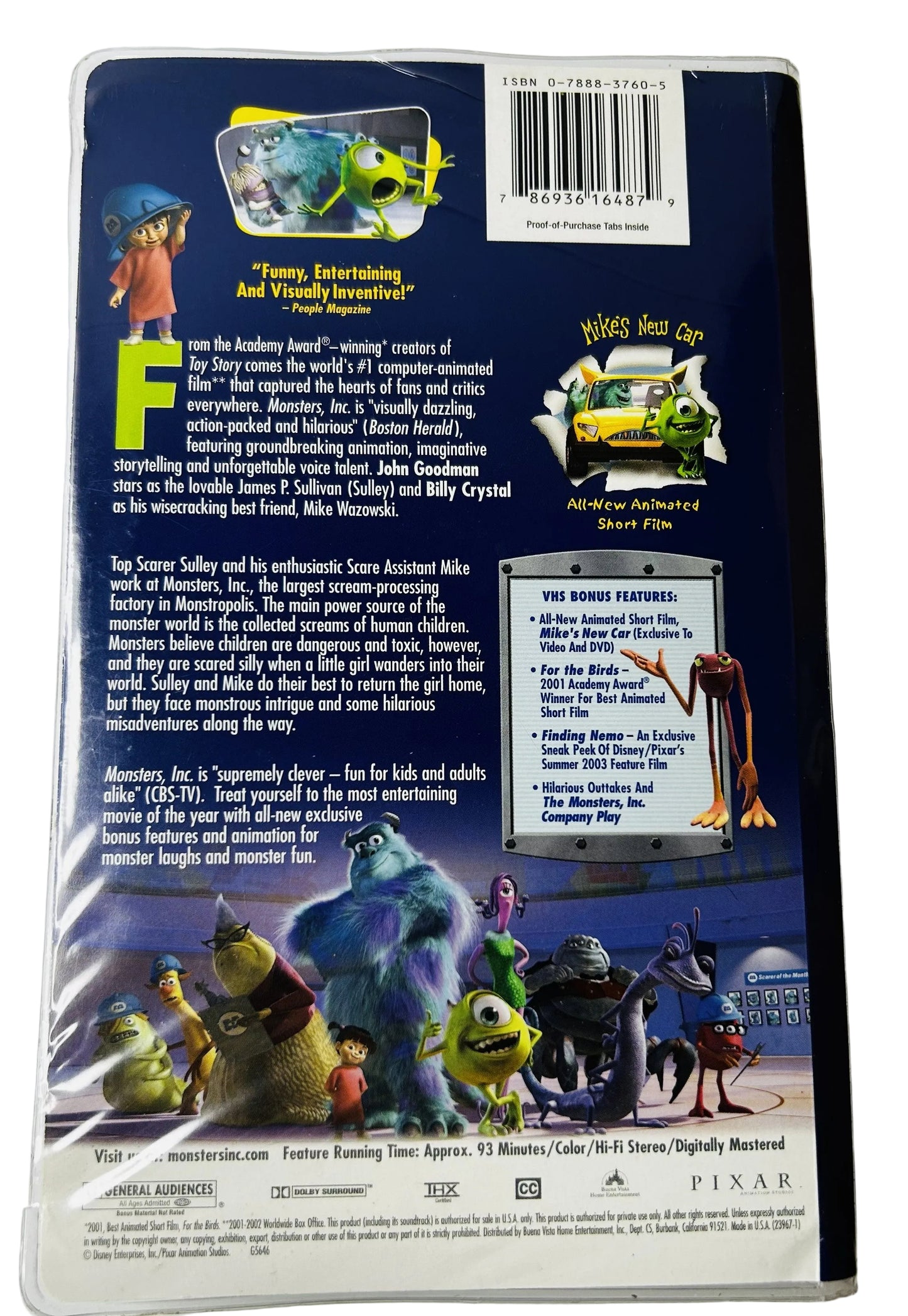 Monsters, Inc. (2001) VHS - Billy Crystal John Goodman - Disney Pixar - Clamshell Case