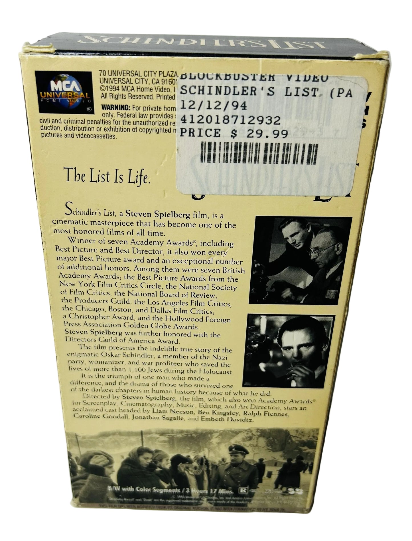 Schindler's List 2-VHS Set - Steven Spielberg Liam Neeson Ben Kingsley Ralph Fiennes Universal (Used, Blockbuster Stickers)