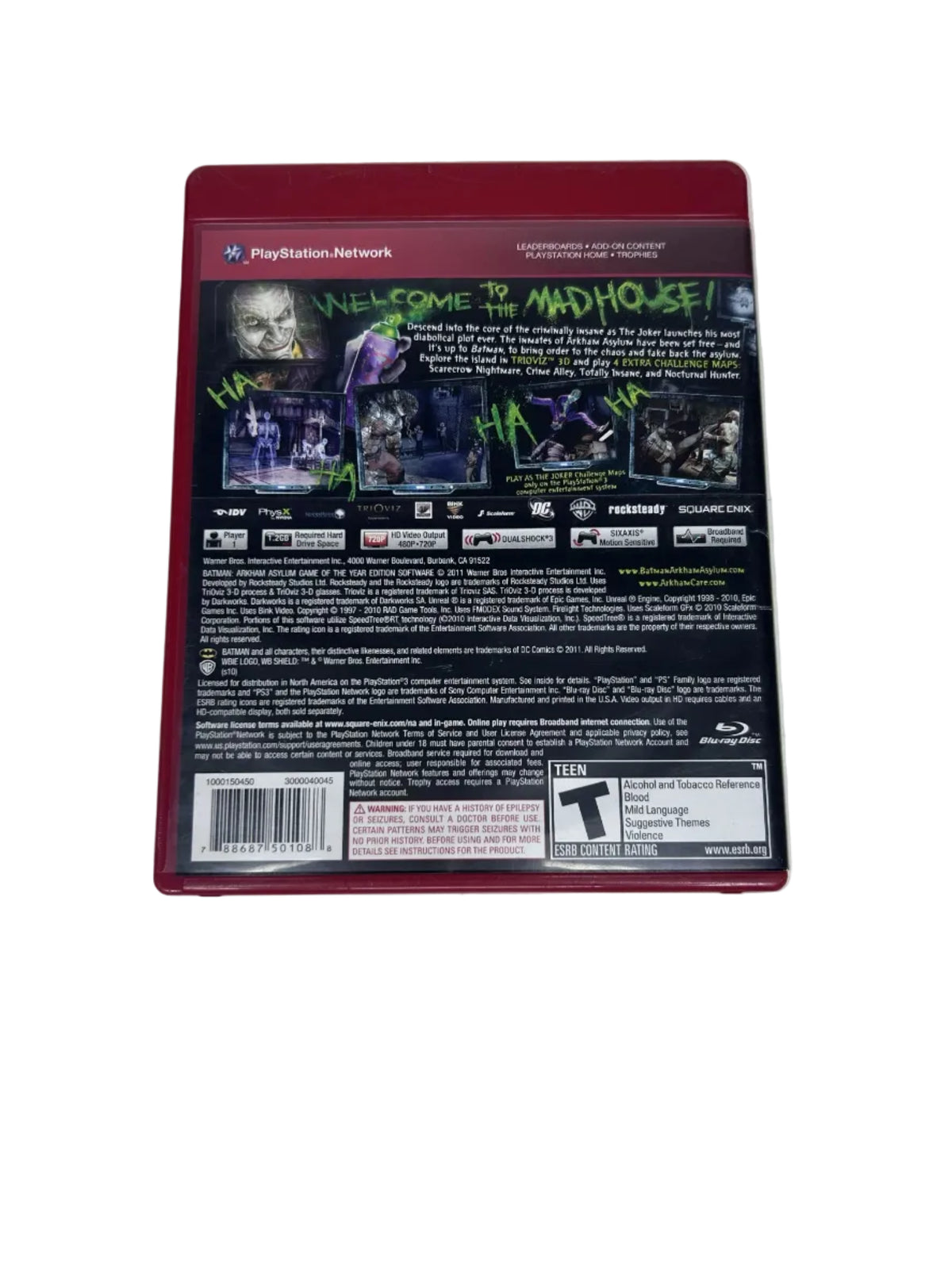 Batman Arkham Asylum disc underside with case and manual