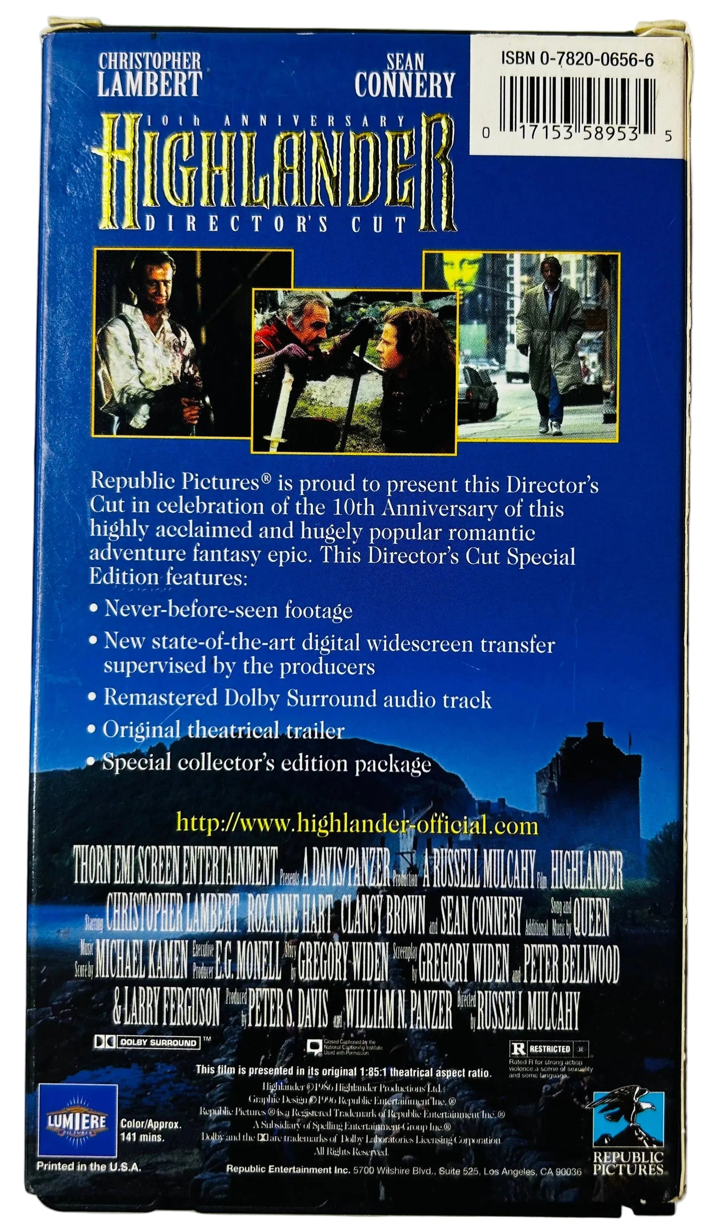 Highlander 10th Anniversary Director's Cut VHS - Russell Mulcahy - Christopher Lambert & Sean Connery