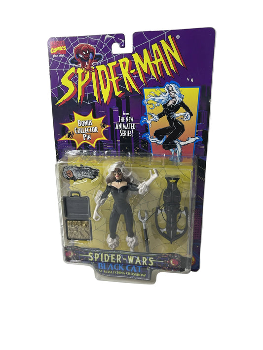Spider-Man Spider-Wars Black Cat Action Figure Factory Sealed - Toy Biz Marvel Cat Scratching Crossbow Bonus Collector Pin 1996