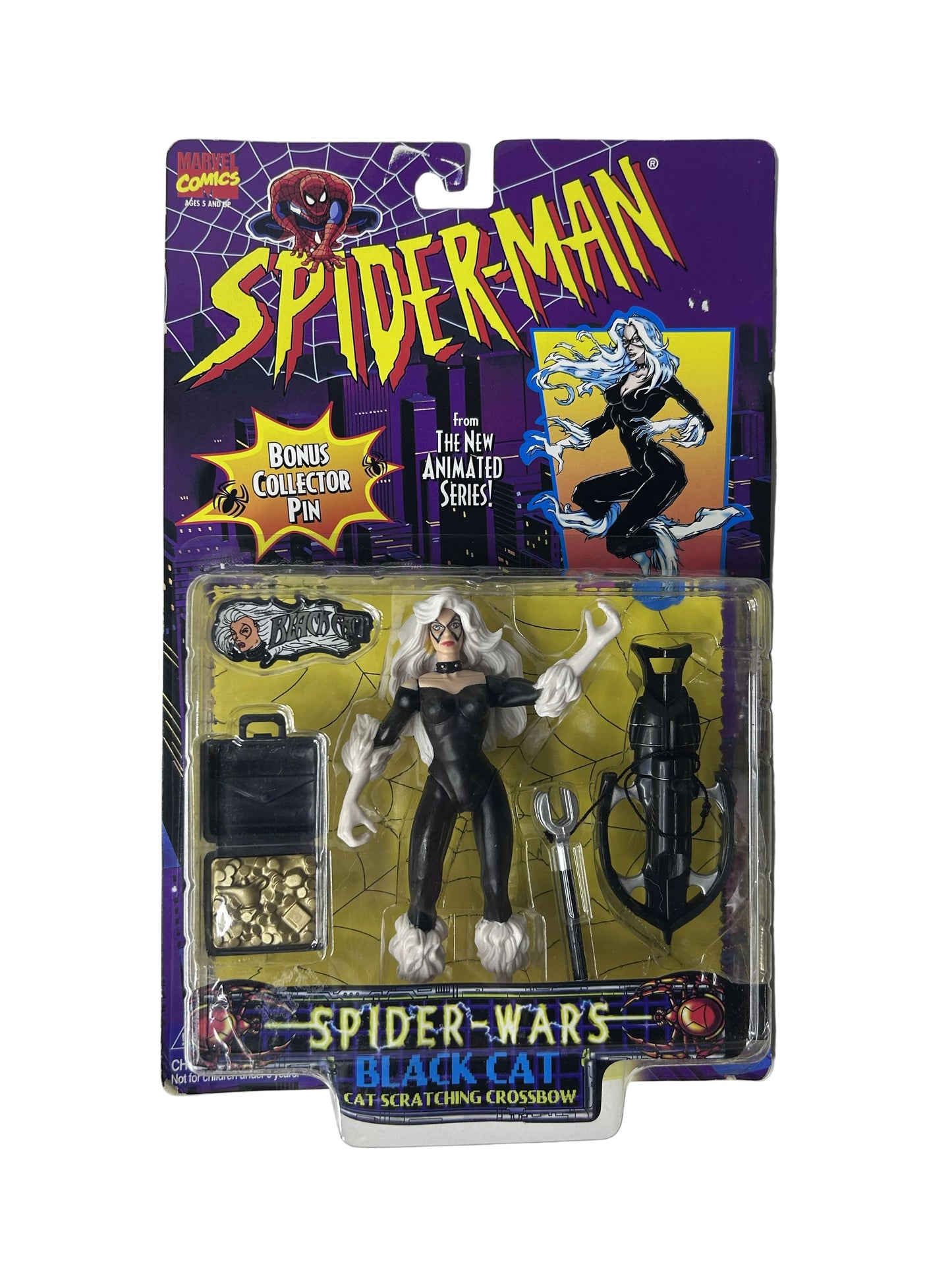 Spider-Man Spider-Wars Black Cat Action Figure Factory Sealed - Toy Biz Marvel Cat Scratching Crossbow Bonus Collector Pin 1996
