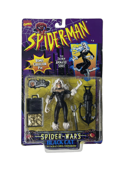 Spider-Man Spider-Wars Black Cat Action Figure Factory Sealed - Toy Biz Marvel Cat Scratching Crossbow Bonus Collector Pin 1996