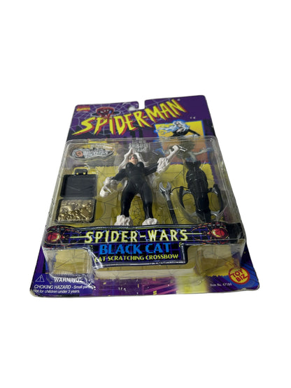 Spider-Man Spider-Wars Black Cat Action Figure Factory Sealed - Toy Biz Marvel Cat Scratching Crossbow Bonus Collector Pin 1996