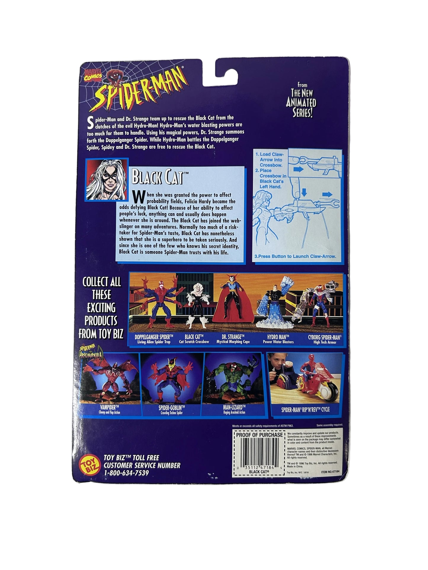 Spider-Man Spider-Wars Black Cat Action Figure Factory Sealed - Toy Biz Marvel Cat Scratching Crossbow Bonus Collector Pin 1996