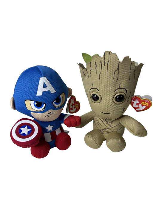 Marvel Guardians & Avengers Ty Beanie Baby Bundle - Baby Groot & Captain America - New with Tags