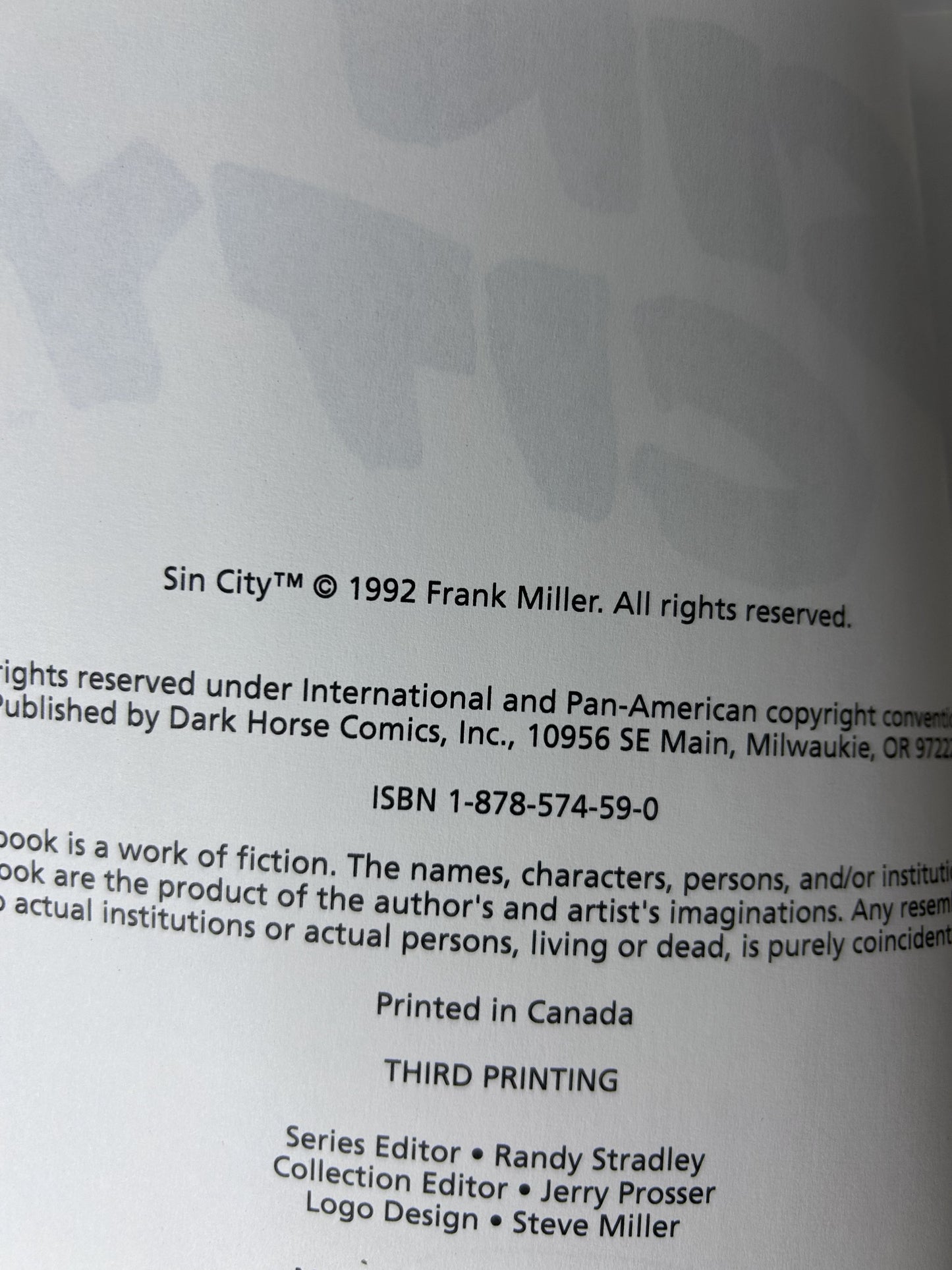 Sin City by Frank Miller - Dark Horse Comics 1992 Third Printing - Noir Graphic Novel