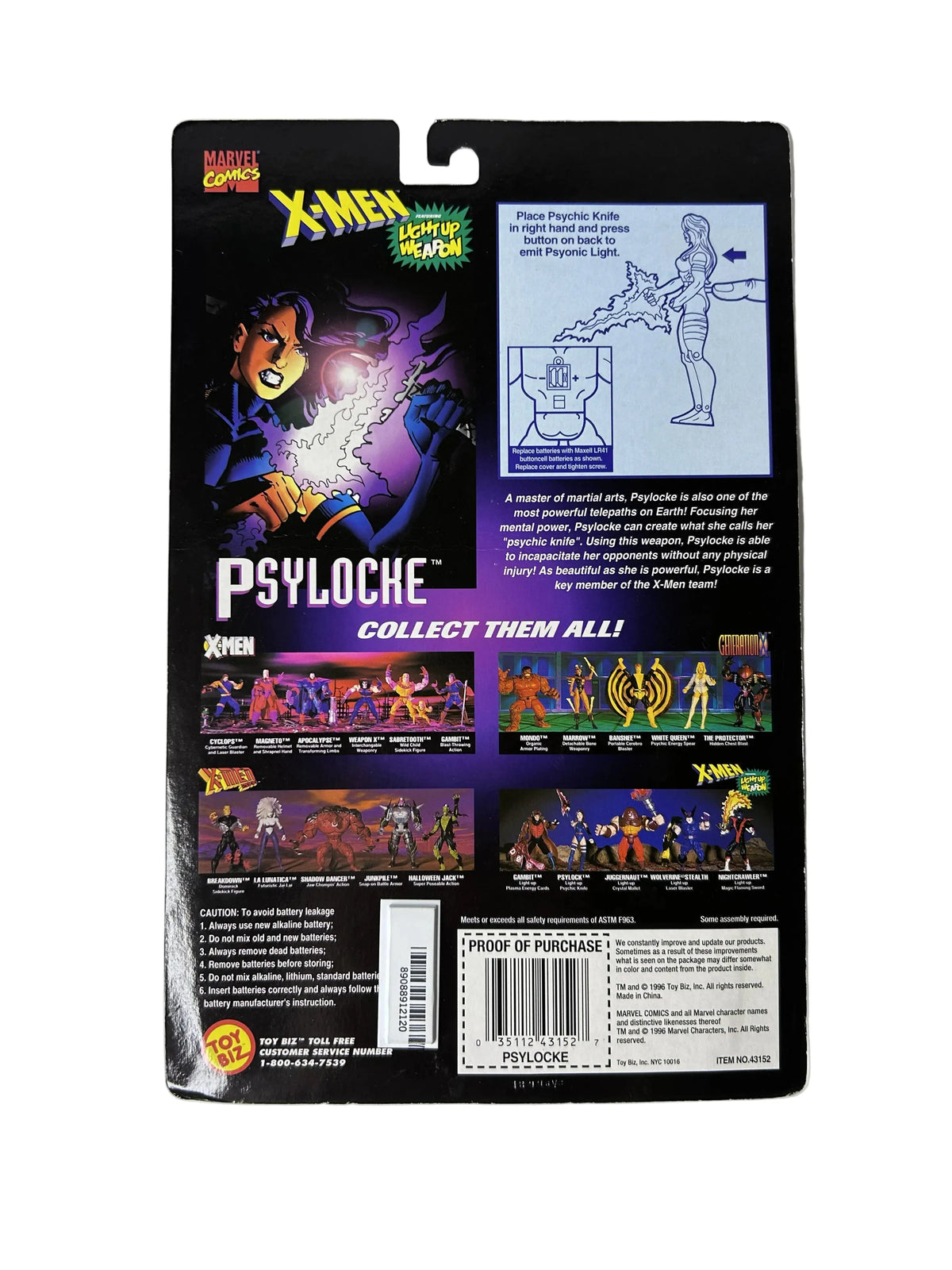 X-Men Classics Psylocke Action Figure Factory Sealed - Toy Biz Marvel Light-Up Psychic Knife Batteries Included 1996