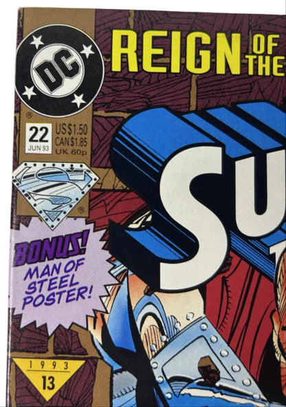 Superman #22 - DC Comics Jun 1993, Reign of the Supermen! Crossover, BONUS Man of Steel Poster!, Triangle #13 (Single Issue)