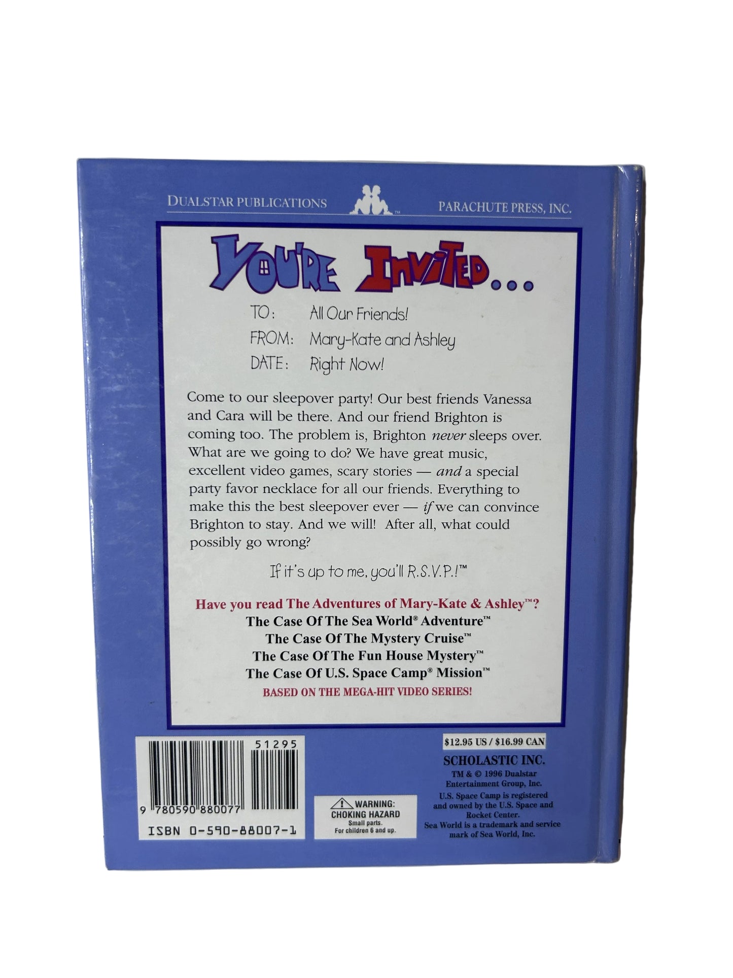 You're Invited to Mary-Kate & Ashley's Sleepover Party – Ann Ellis | Scholastic / Dualstar 1996 Hardcover