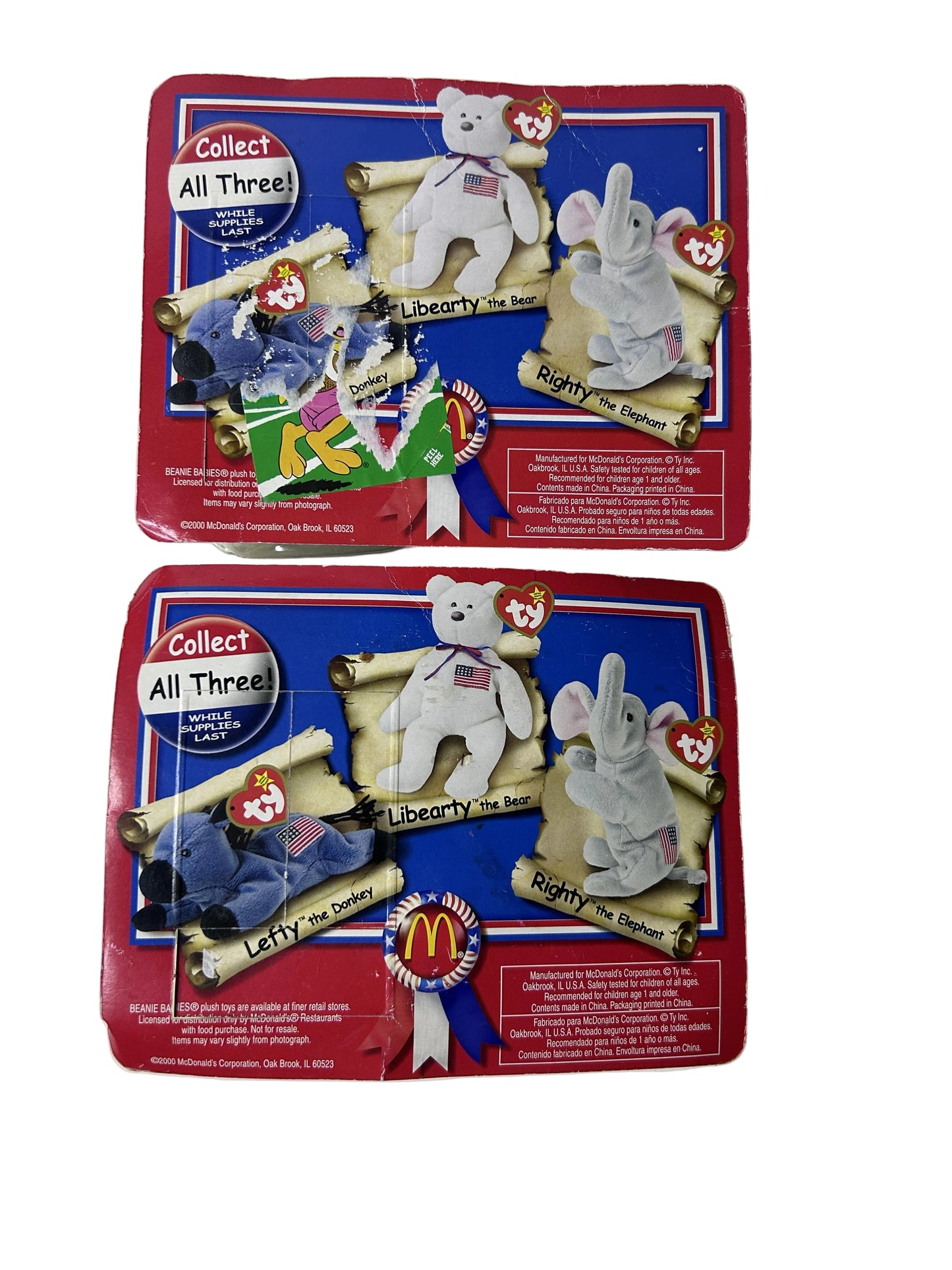 Ty Teenie Beanie Babies Libearty & Lefty 2000 McDonald's American Trio Set – New, Sealed