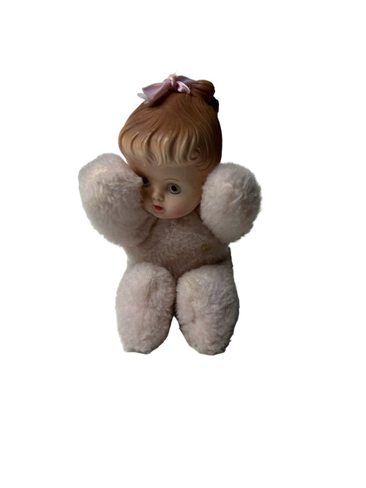 Cuddle Toys by Douglas Vintage Plush Girl Doll – Hard Molded Face Cream Plush Body Pink Bow