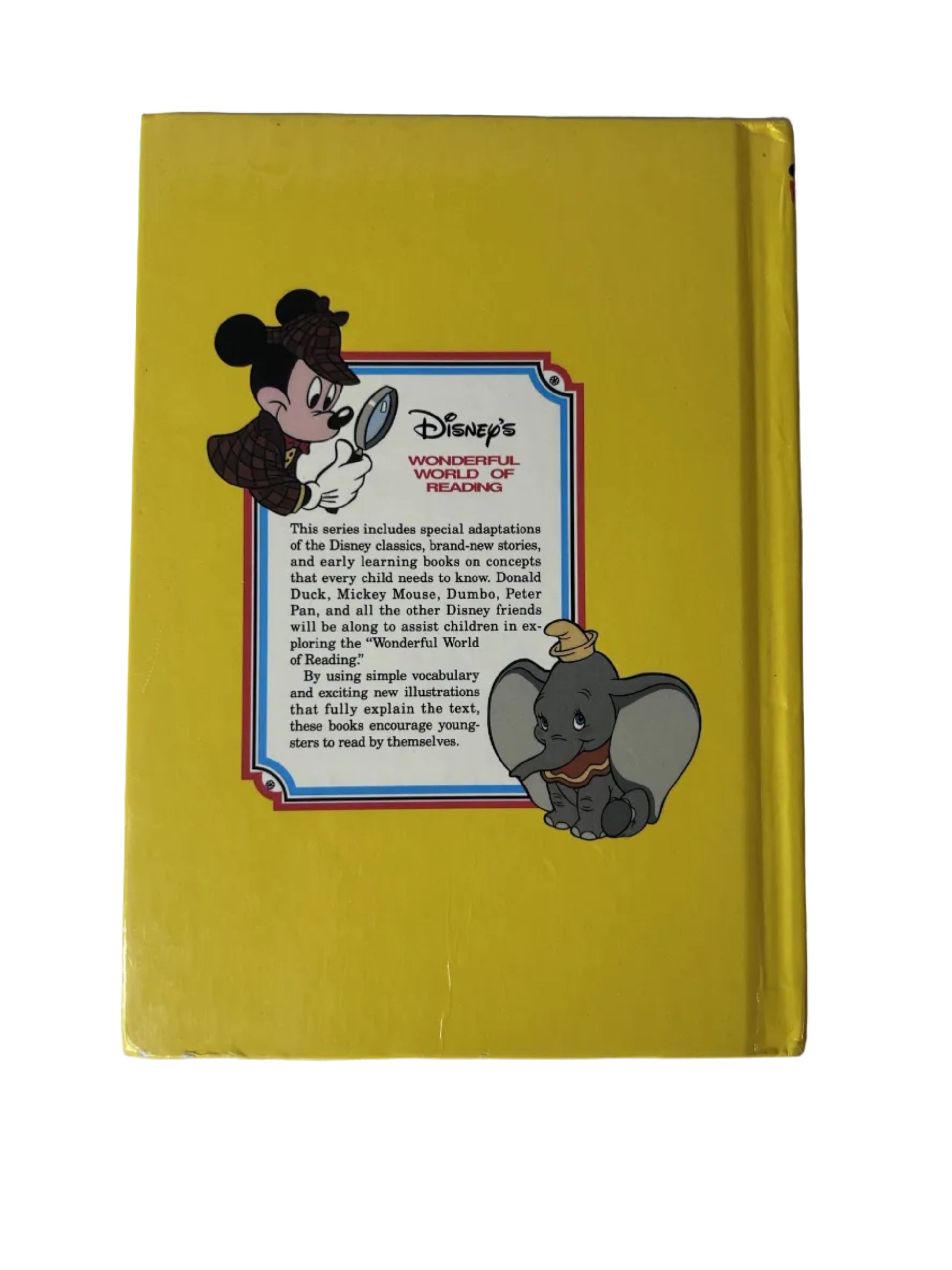 Walt Disney's Peter Pan - yellow back cover showing Disney's Wonderful World of Reading series description with Mickey and Dumbo