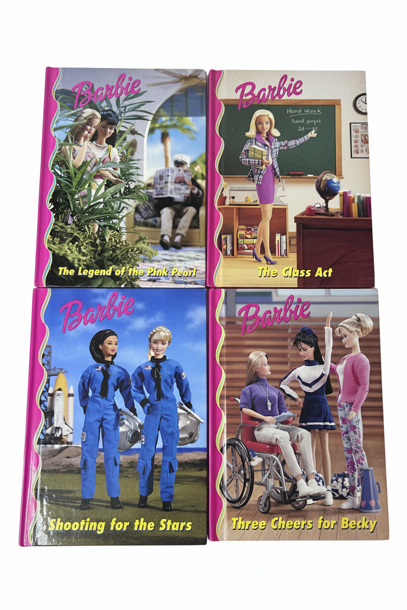 Barbie 4-Book Hardcover Set — Grolier Books / Mattel (1998–99) | Shooting for the Stars, The Legend of the Pink Pearl, Three Cheers for Becky, The Class Act