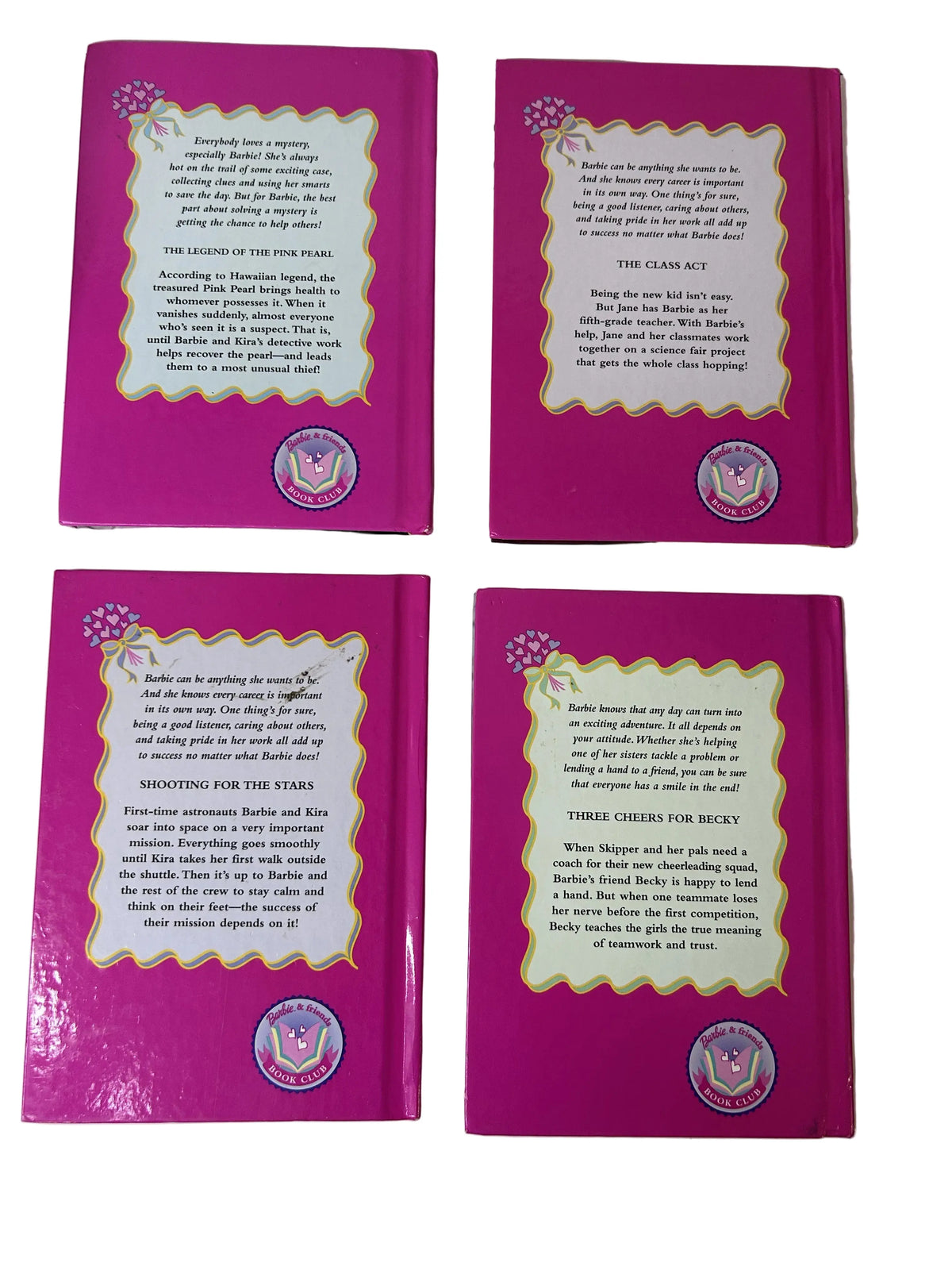 Barbie 4-Book Hardcover Set — Grolier Books / Mattel (1998–99) | Shooting for the Stars, The Legend of the Pink Pearl, Three Cheers for Becky, The Class Act