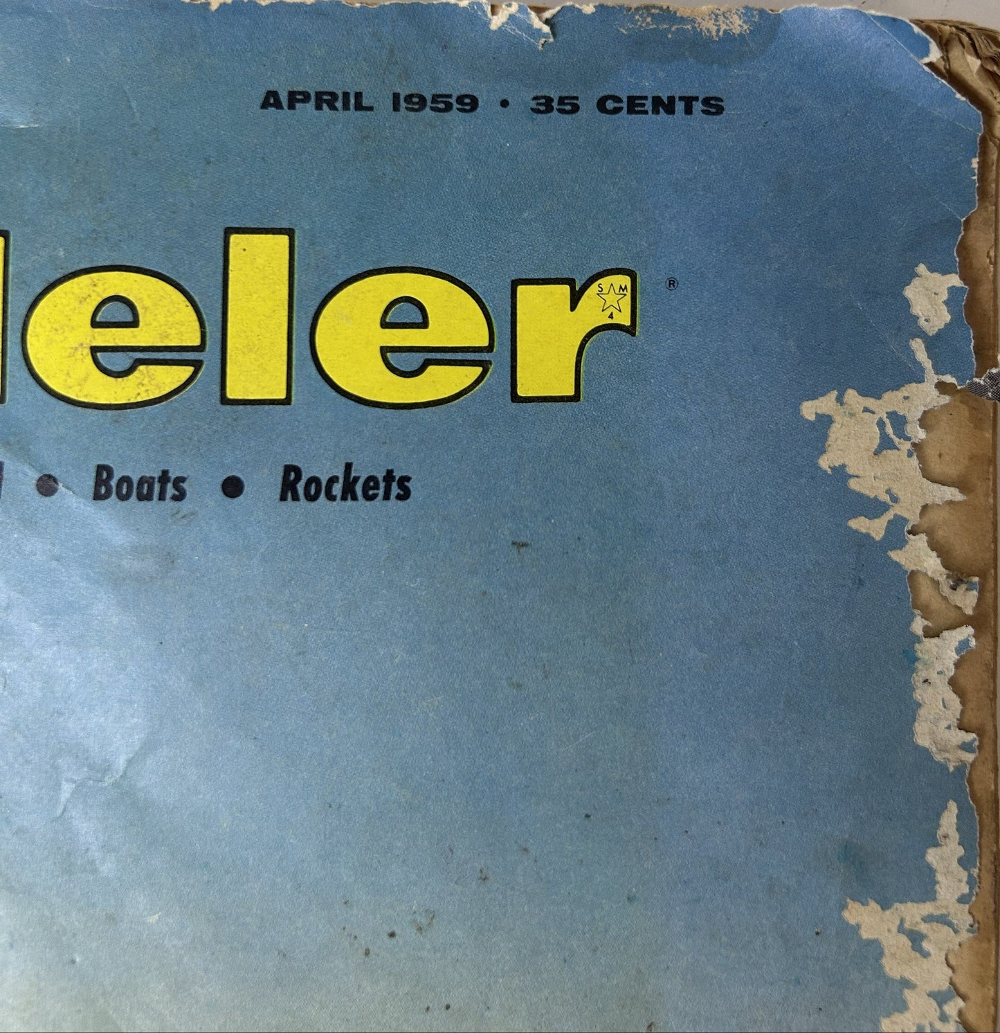 American Modeler Magazine April 1959 front cover — yellow seaplane biplane #63 taking off on water, 35 cents cover price