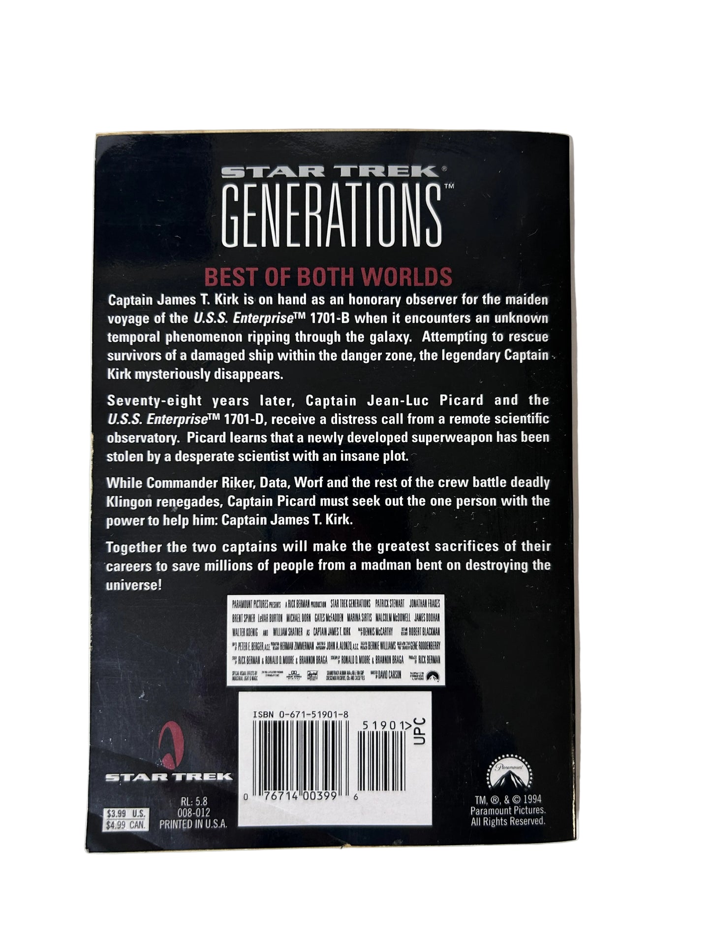 Star Trek Generations — Paperback Novelization | John Vornholt / Pocket Books (1994) | Patrick Stewart / William Shatner | 8 Pages Color Photos