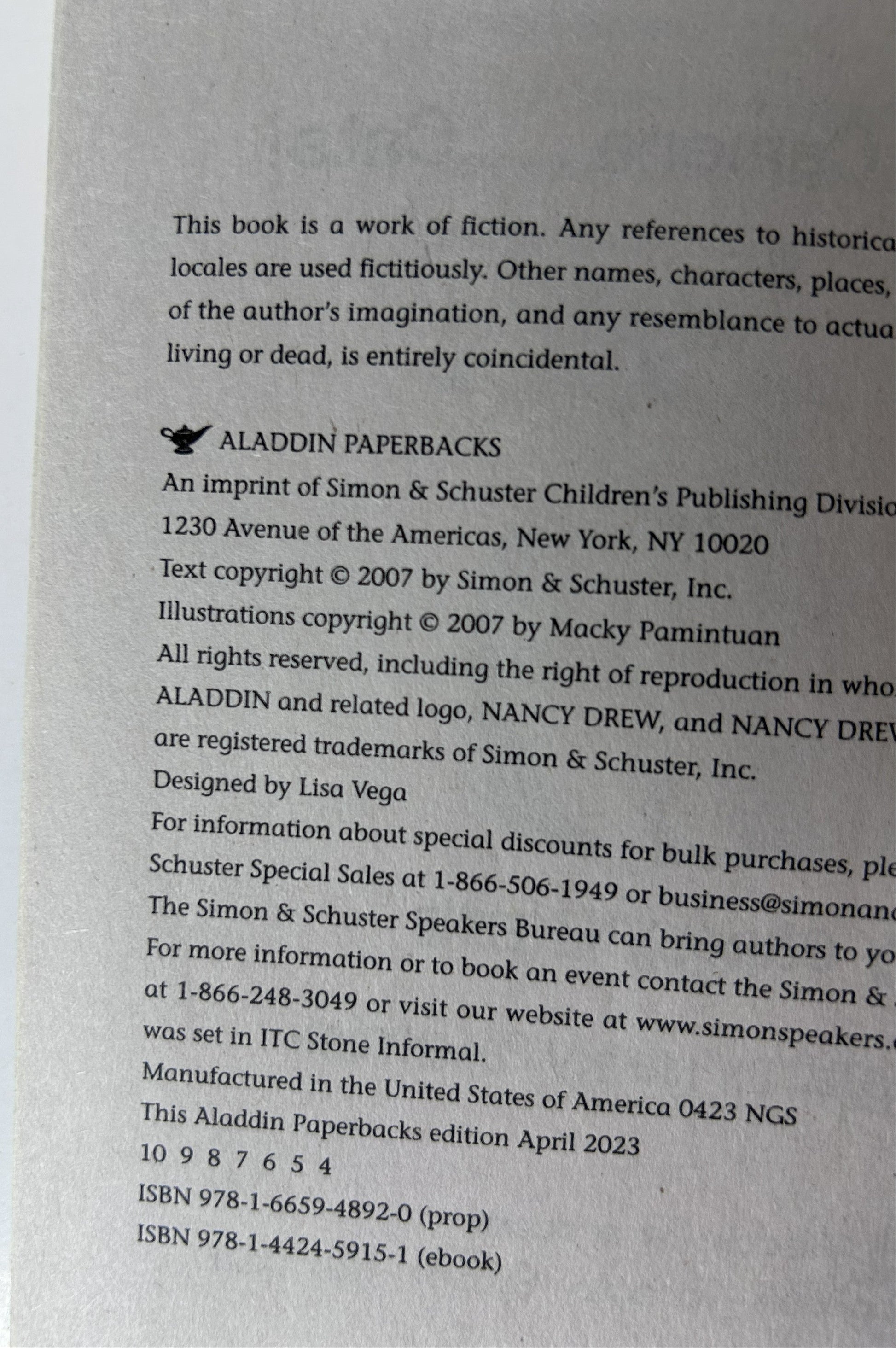 Copyright page of Nancy Drew and the Clue Crew #8 showing Aladdin Paperbacks imprint Simon & Schuster, April 2023 edition, text copyright 2007, illustrations copyright 2007 Macky Pamintuan, ISBN 978-1-6659-4892-0
