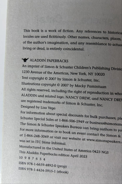 Copyright page of Nancy Drew and the Clue Crew #8 showing Aladdin Paperbacks imprint Simon & Schuster, April 2023 edition, text copyright 2007, illustrations copyright 2007 Macky Pamintuan, ISBN 978-1-6659-4892-0