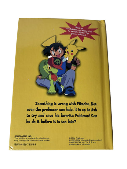 Back cover of Pokémon: Get Well, Pikachu! showing Ash, Pikachu, and Treecko on yellow background with synopsis and ISBN 0-439-72153-9