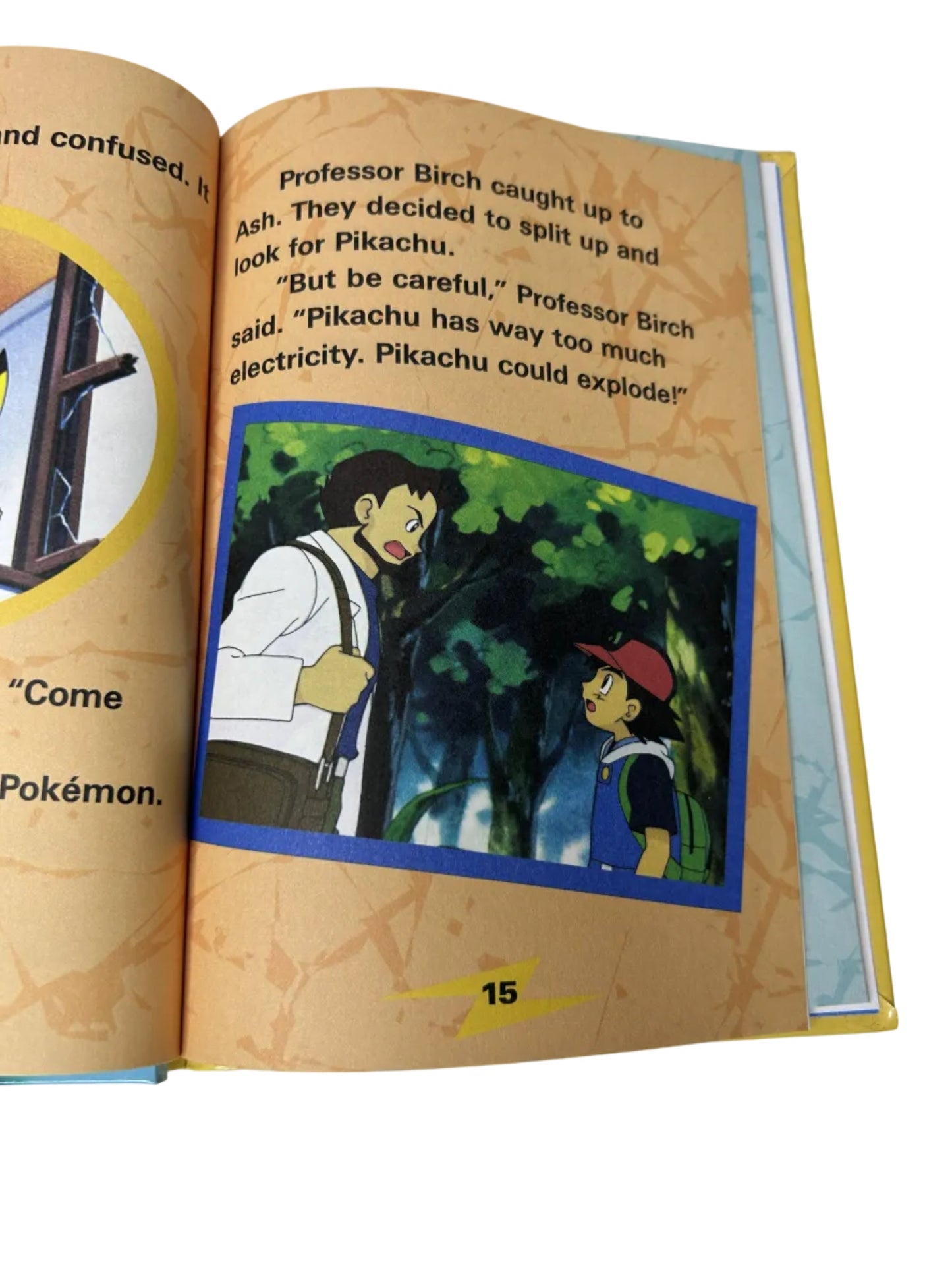 Interior spread at page 15 showing Professor Birch and Ash with full-color anime still and story text about Pikachu having too much electricity