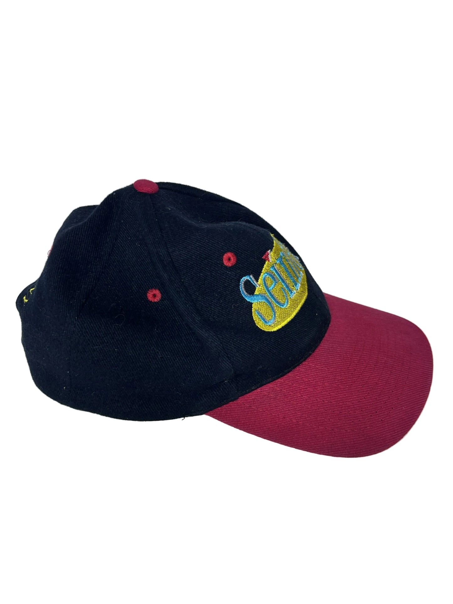 Seinfeld Embroidered Snapback Hat — KC Caps | 1990s NBC Promotional Cap | Navy & Burgundy