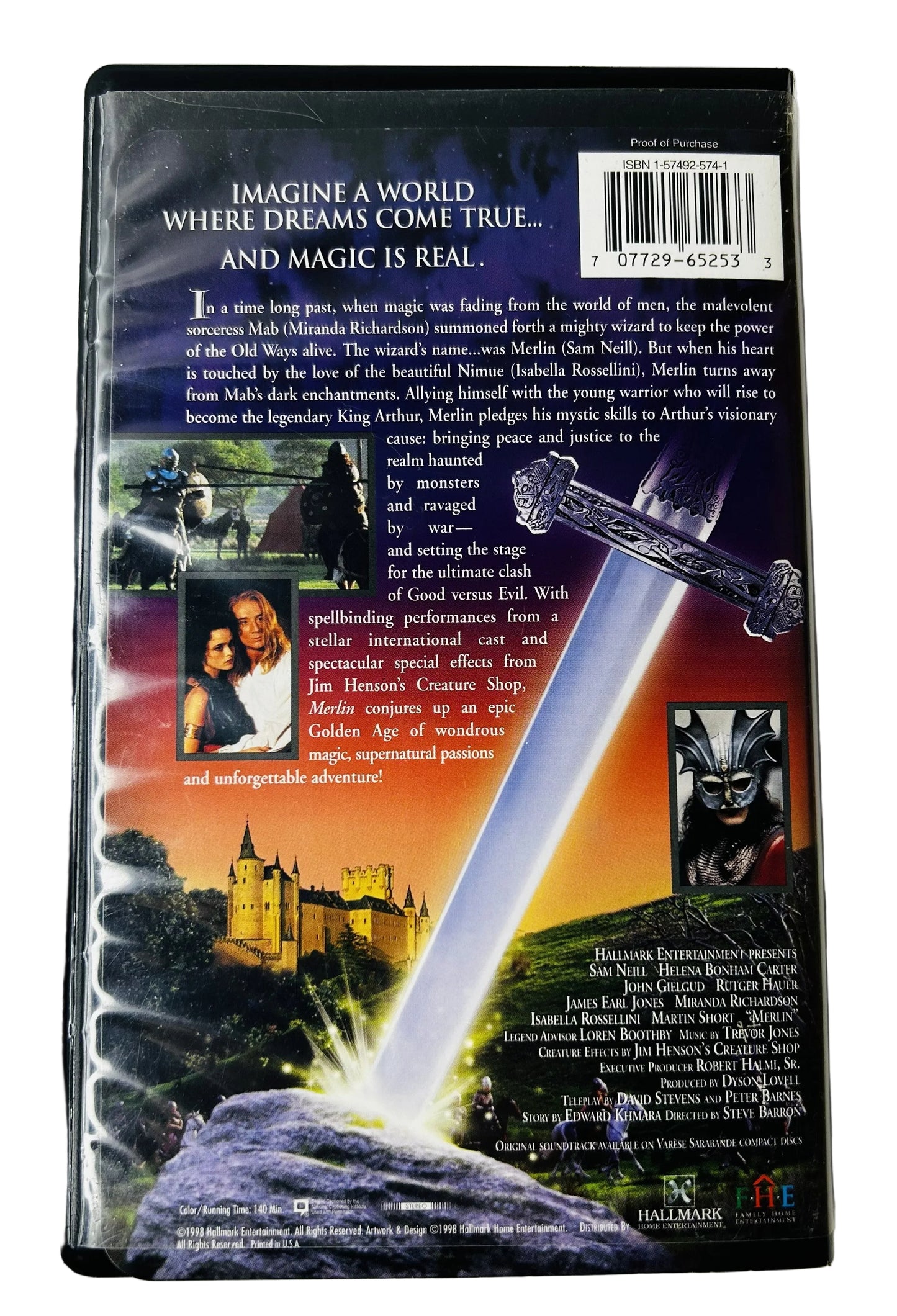 Merlin (1998) VHS - Sam Neill Helena Bonham Carter - Steve Barron - Hallmark Entertainment - Clamshell Case