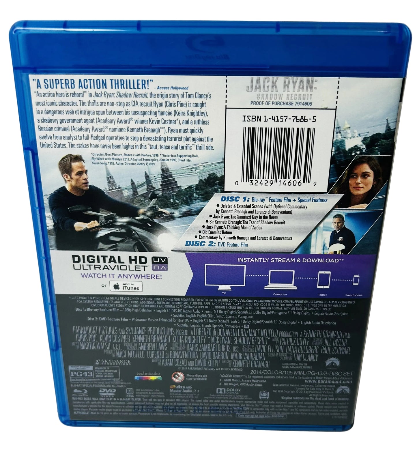 Jack Ryan: Shadow Recruit Blu-ray + DVD + Digital HD - Tom Clancy Chris Pine Kevin Costner Paramount (Used)