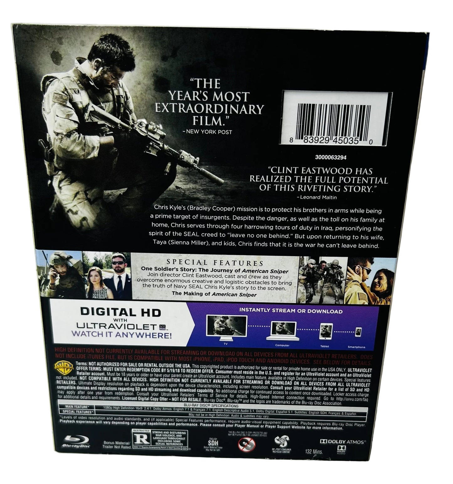 American Sniper Blu-ray + DVD + Digital HD - Clint Eastwood Bradley Cooper Sienna Miller Warner Bros (New, Sealed)
