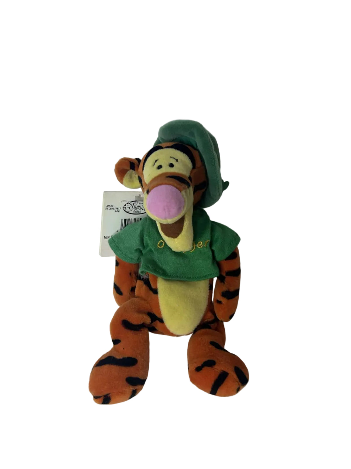 Tigger plush front view in green shirt and hat