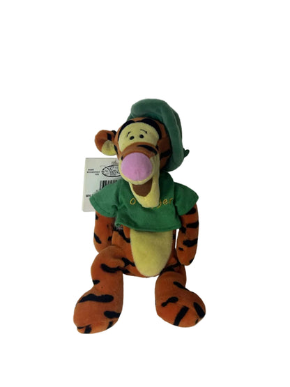 Tigger plush front view in green shirt and hat