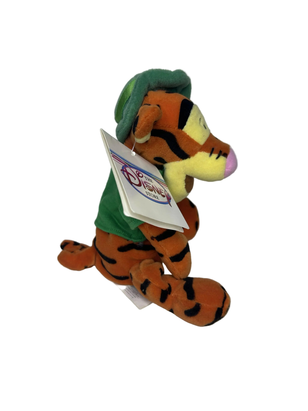 Side view of Tigger plush showing Disney Store hang tag