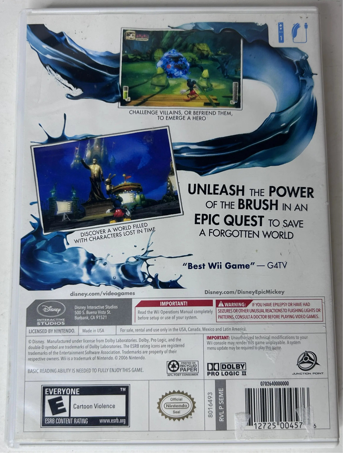 Disney Epic Mickey game disc in Wii case